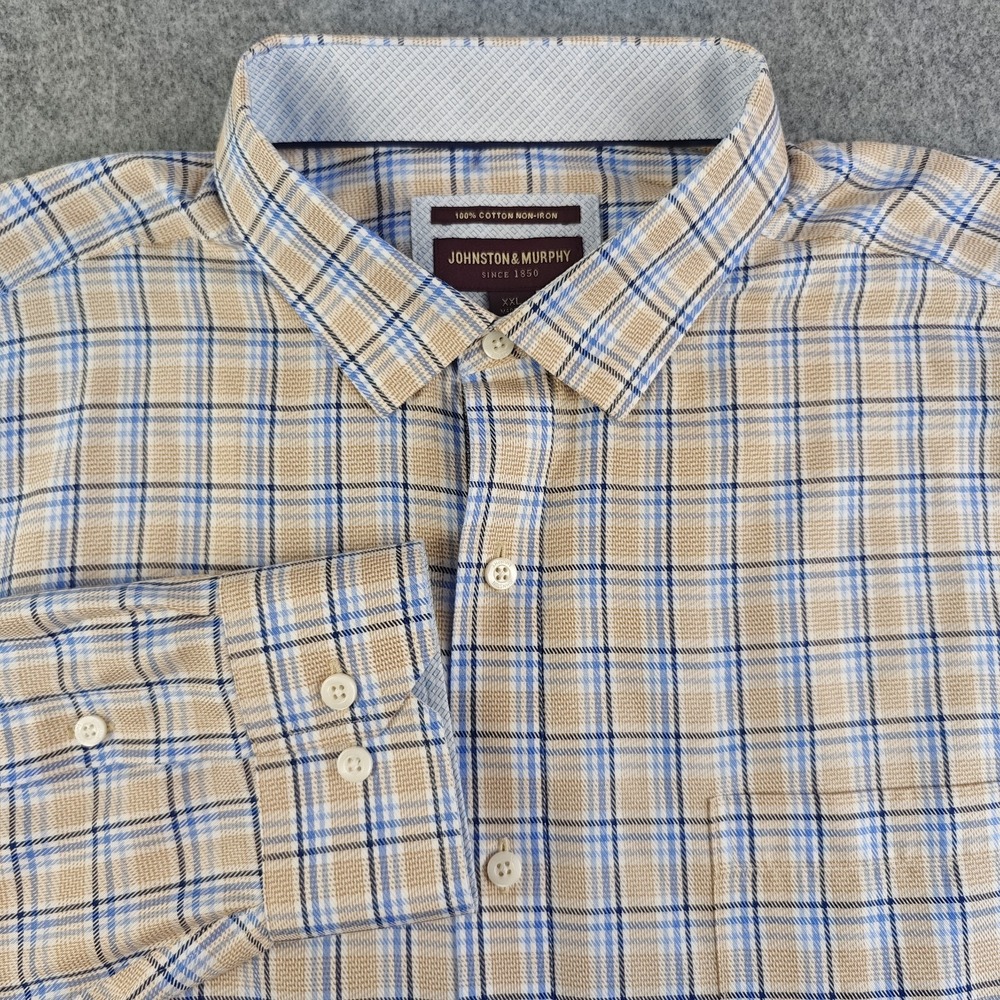Johnston Murphy Shirt Mens 2XL Beige Blue Plaid Non Iron Long Sleeve 100% Cotton